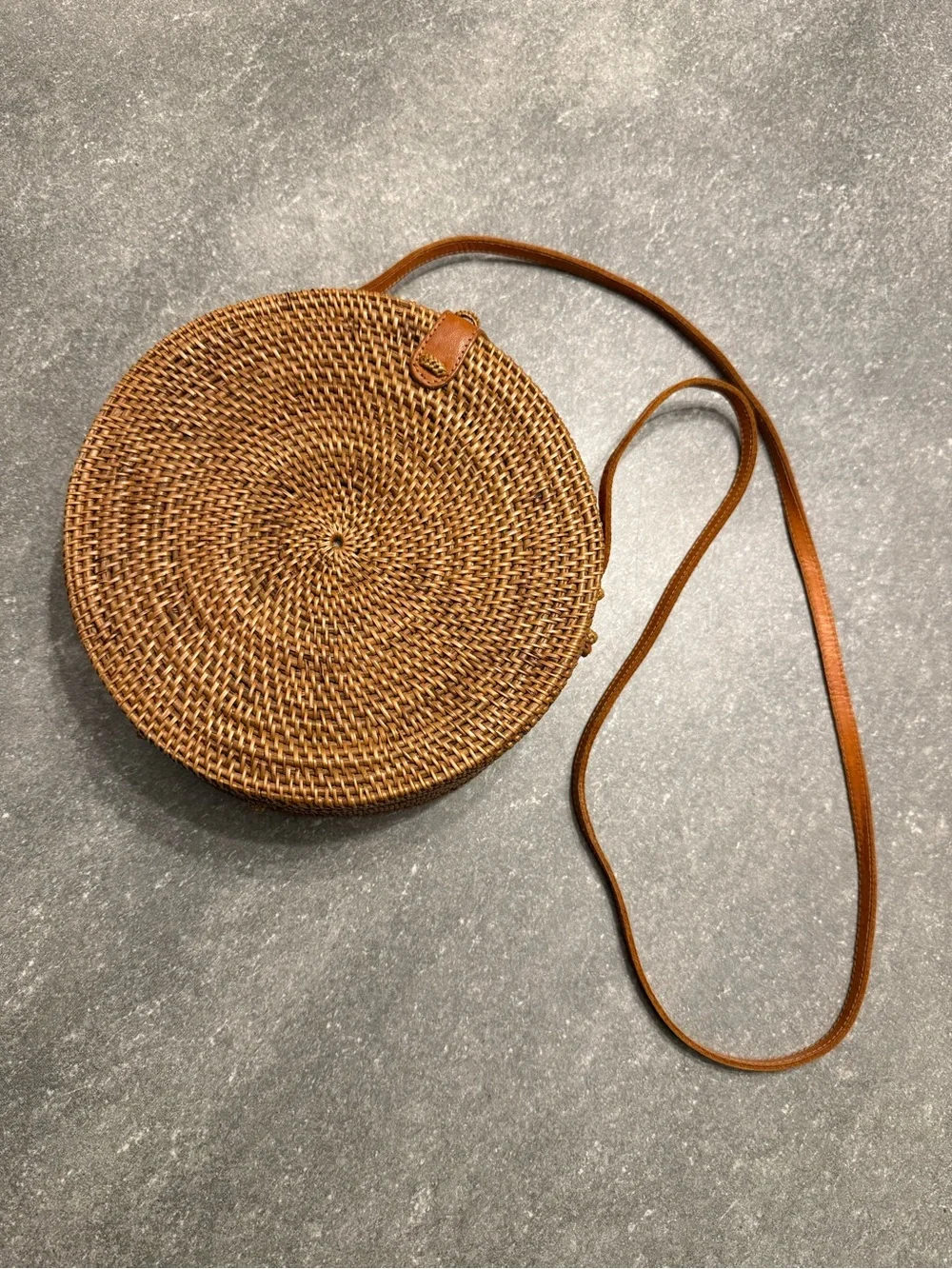 Like New - Handwoven Round Rattan Bag Leather Strap